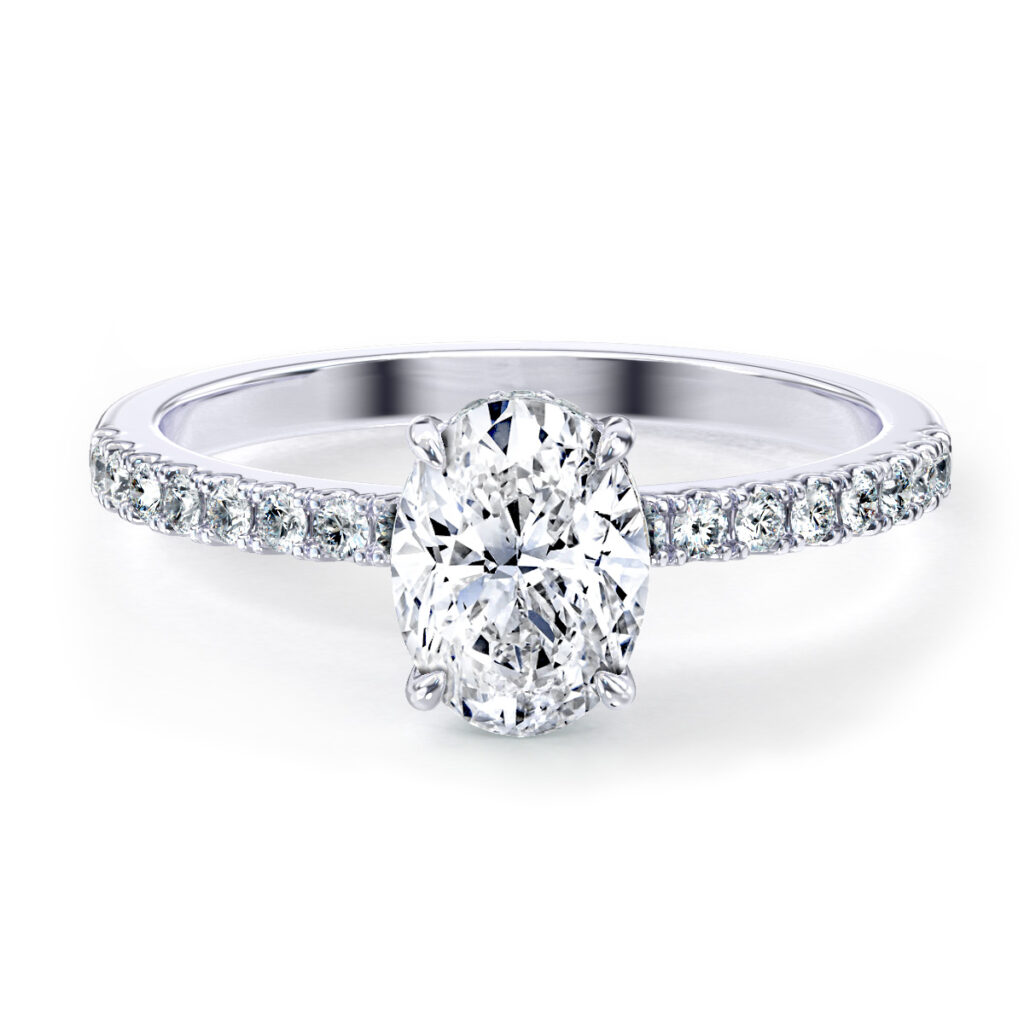 Radiant-cut moissanite solitaire engagement ring set in a sleek white gold band, showcasing a timeless and modern design with exceptional brilliance.