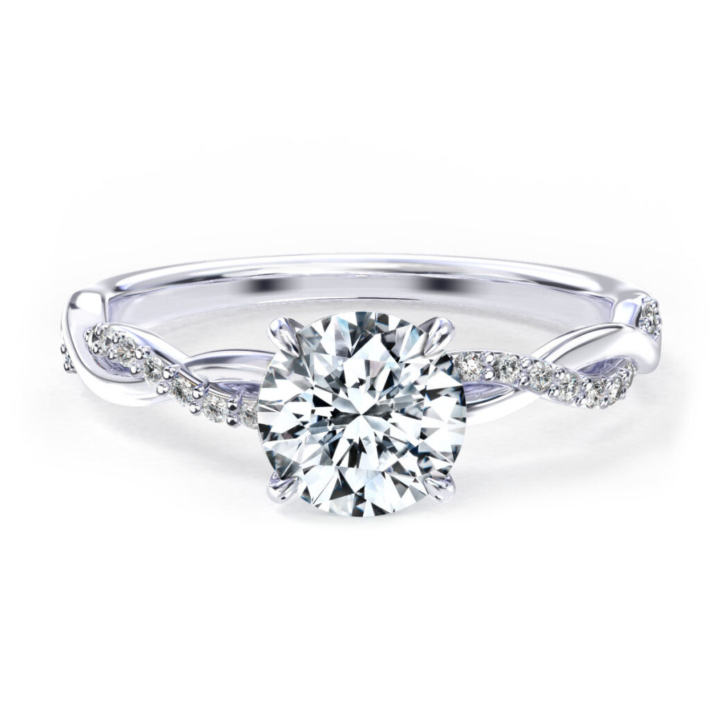 Round brilliant-cut moissanite engagement ring with a twisted diamond pavé band, set in a white gold setting, offering a unique and elegant design.