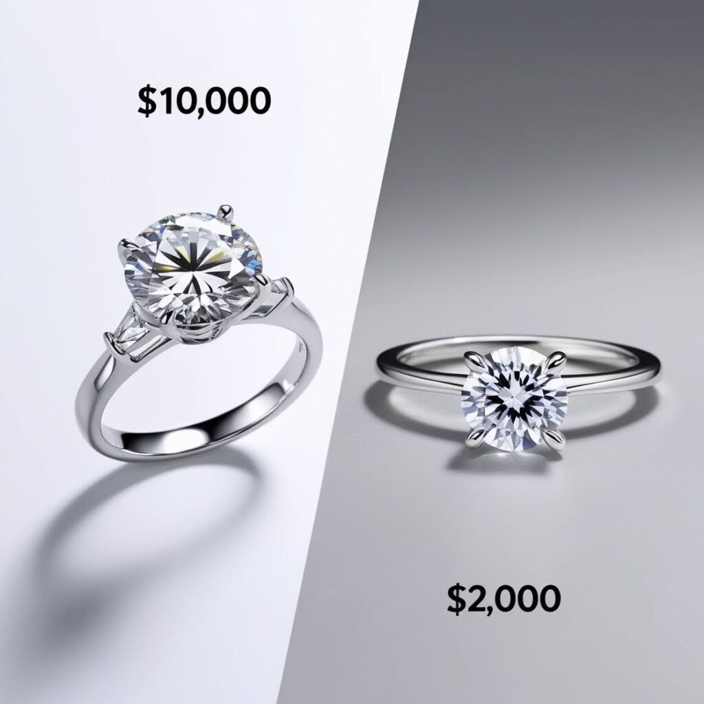 Side-by-side comparison of a $10,000 diamond engagement ring and a $2,000 moissanite engagement ring, showcasing the visual similarity and affordability of moissanite.